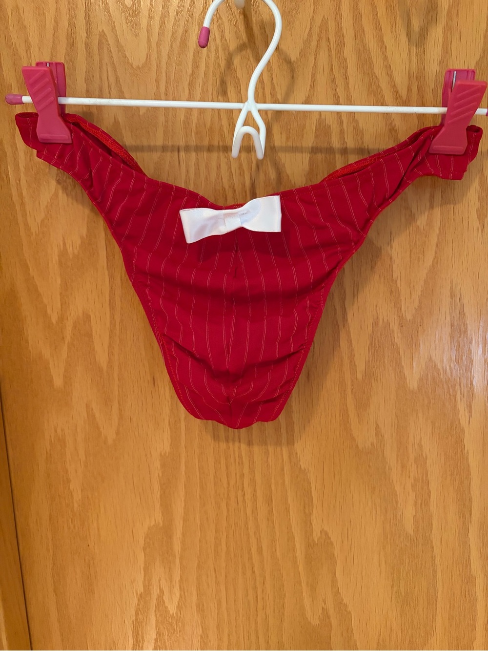 Men’s Red Pinstripe Bikini Bottom/White Bow